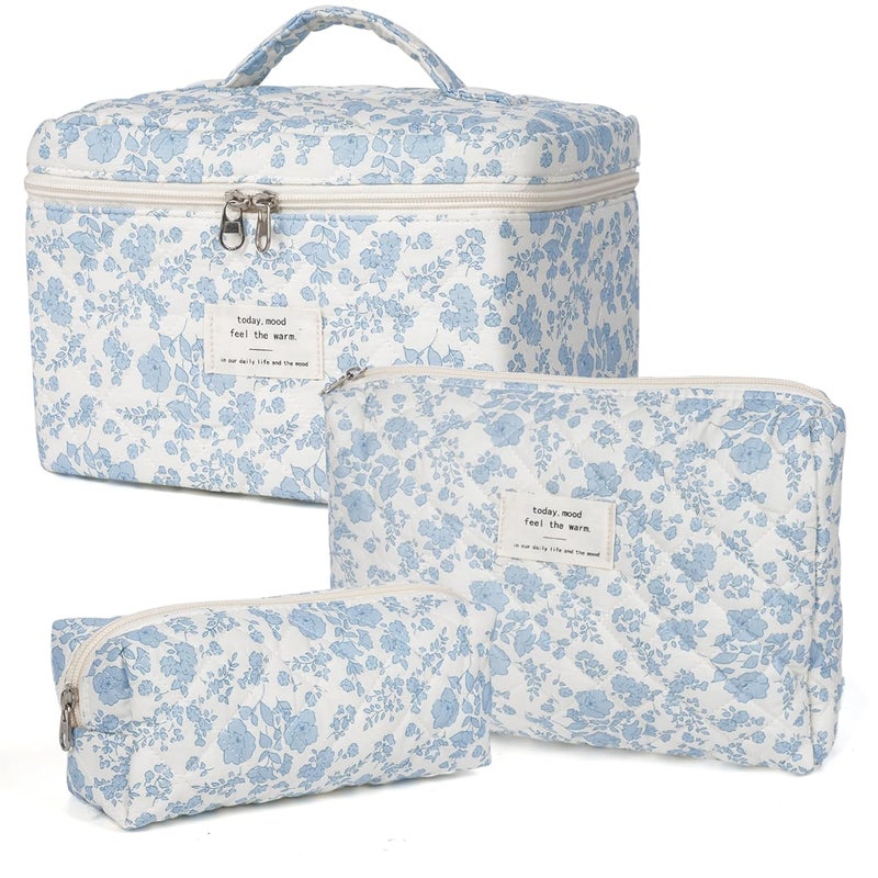honitty Makeup Bag,Quilted Cosmetic Bag,Large Floral Make Up Bag for Women,Cotton Makeup Bag Set,Flower Travel Toiletry Bag - Image 1